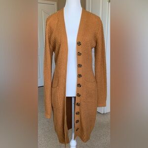Olive + Oak Mustard Yellow Knit Duster Cardigan Sweater Women’s Sz M Button Up
